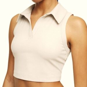CALVIN KLEIN Performance Collared Crop Tank Top in Terre tan cream color